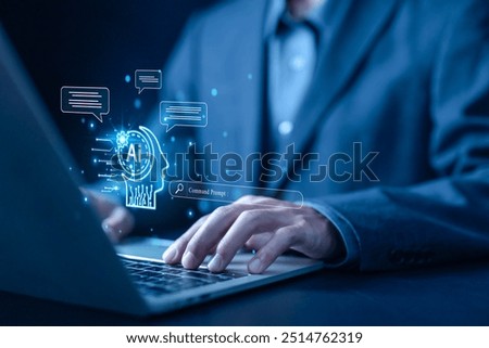 AI generates bot artificial intelligence. Communication is open for chat customers to develop chatbot digital technology—the concept of command prompt information, which is smart robot conversation.