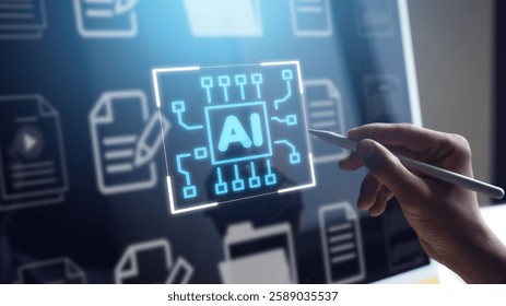 AI generation creates abstract documents on the electronic circuit board,Digital Folder Icon on Circuit Board