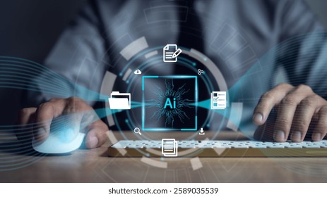 AI generation creates abstract documents on the electronic circuit board,Digital Folder Icon on Circuit Board
