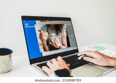 AI generative app. Chat with Artificial Intelligence software in computer at home office. Hands view of Future digital technology and copyright trend concept