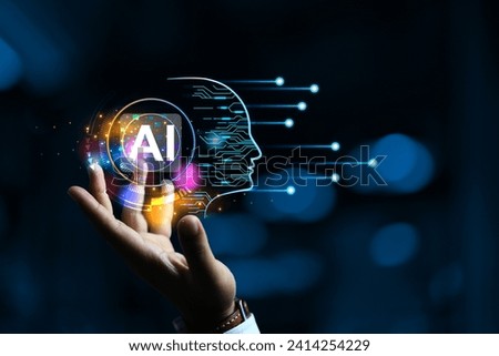 AI generative concept with programmer hand holding virtual command interface of machine learning to analyse data image generate and service chat bot in cyber system