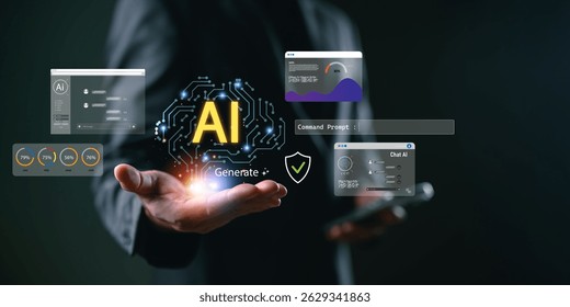 AI generator concept with businessman presenting glowing artificial intelligence icon and digital dashboards. Symbolizing prompt engineering, data analysis, chatbot interface, and innovation.