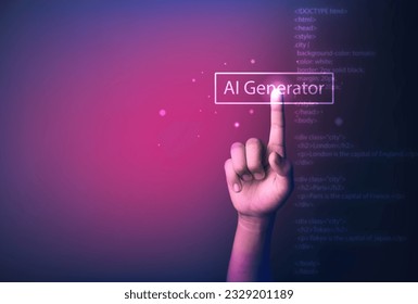 AI generator web code concept, human finger pushing AI generator button with blur website code background.  
