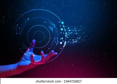 ai global network technology, hologram with light and hand of human with blue and red color glow in sci-fi futuristic concept, particle with digital data, cyber information, science and life, analysis