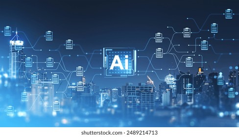 AI glowing chip and glowing document management system hologram, files, documents or smart contracts. Concept of online database, automation and artificial intelligence - Powered by Shutterstock