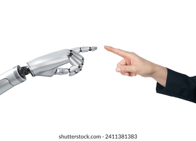 Ai hand with human hand trying to touching each others isolated on white background.