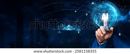 AI: Hand touching global network connection and data exchanges, technology structure. Innovation networking on dark background, machine learning, automation, intelligent systems.