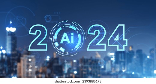 AI hologram with 2024 year and blurred panoramic Bangkok skyline. Concept of artificial intelligence, futuristic technology, business and machine learning