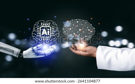 AI and human are exchanging brain, artificial intelligence AI research of robot and cyborg development for future of people living, machine learning technology design for computer brain, Chat ai.