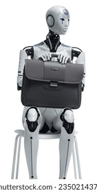 AI humanoid robot sitting on a chair and waiting for a job interview