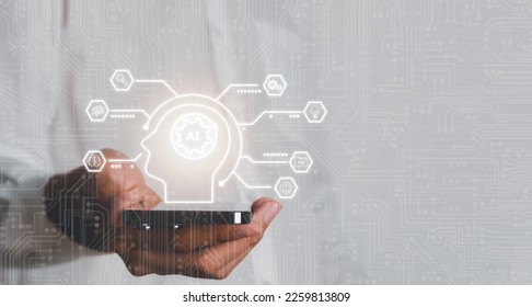  AI icon artificial intelligence above the mobile phone. Machine learning concept, big data, science, innovation technology, cloud computing, futuristic, internet network communication