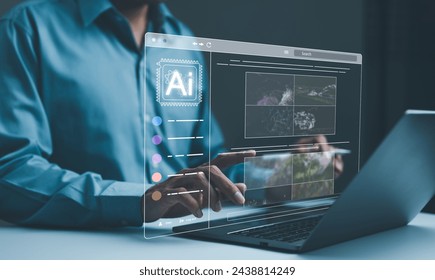 AI image creation technology. Man use AI software on a laptop to generate images, showcasing a futuristic user interface. screen with visual prompt. Image generated by artificial intelligence. photo, - Powered by Shutterstock