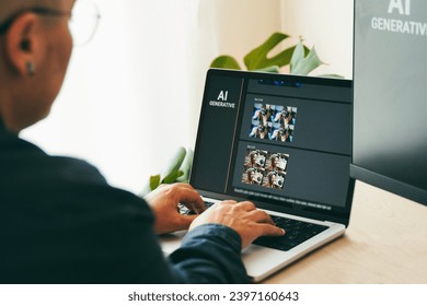 AI image generator app. Person creating photo art with Artificial Intelligence software in computer laptop. Technology trends - Powered by Shutterstock