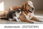 AI image of a relaxed gray-and-white cat cuddling with a golden retriever. Perfect for animal companionship, pet care, and friendship themes.