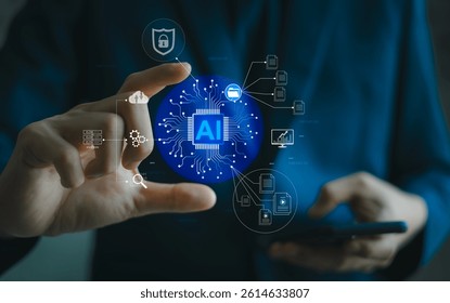 AI Innovation Hub, digital interface with interconnected icons, futuristic technology, person holding glowing AI symbol