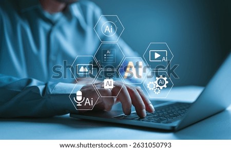 AI integration in digital workflow concept. Man working on laptop with futuristic interface showing artificial intelligence icons for voice, text, image, video, automation, and smart processing tools.