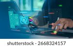AI integration system connecting data, cloud, automation, API, and analytics through a central AI core, futuristic glowing circuit lines, Holographic UI overlay for business and technology solutions
