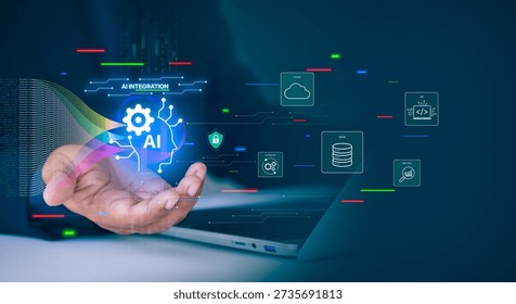 AI integration system connecting data, cloud, automation, API, and analytics through a central AI core, futuristic glowing circuit lines, Holographic UI overlay for business and technology solutions