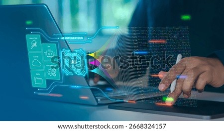 AI integration system connecting data, cloud, automation, API, and analytics through a central AI core, futuristic glowing circuit lines, Holographic UI overlay for business and technology solutions