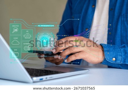 AI integration system connecting data, cloud, automation, API, and analytics through a central AI core, futuristic glowing circuit lines, Holographic UI overlay for business and technology solutions