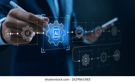 AI integration and workflow automation technology concept. business hand using stylus to control digital gear interface, symbolizing process optimization, innovation and intelligent business systems.