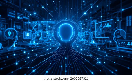 AI Intelligence: Dive into a futuristic scene where a network of glowing circuits converges towards a central, human-like form, symbolizing the essence of artificial intelligence, computer, brain.