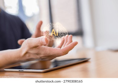 AI interface above a tablet, representing artificial intelligence, machine learning, automation, digital transformation, smart technology, and future innovation.