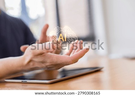 AI interface above a tablet, representing artificial intelligence, machine learning, automation, digital transformation, smart technology, and future innovation.