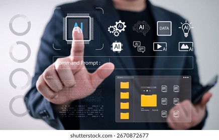 AI interface and command prompt concept with businessman touching virtual chip icon, representing artificial intelligence, data integration