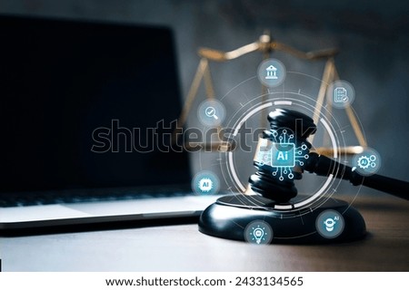 AI law and ethics and legal concepts artificial intelligence law and online technology of legal regulations Controlling artificial intelligence technology is a risk. Judicial gavel and law icon 