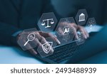 AI Laws and Regulations Concept. Hand typing on laptop with digital icons representing artificial intelligence, legal standard, ethics, and regulatory compliance, Technology law and policy, copyright,