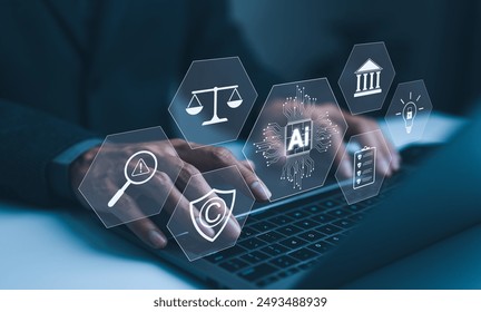 AI Laws and Regulations Concept. Hand typing on laptop with digital icons representing artificial intelligence, legal standard, ethics, and regulatory compliance, Technology law and policy, copyright,