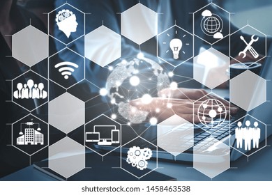 AI Learning and Artificial Intelligence Concept - Icon Graphic Interface showing computer, machine thinking and AI Artificial Intelligence of Digital Robotic Devices.
