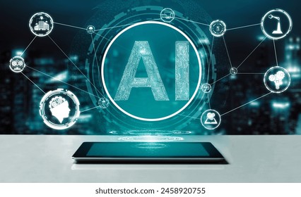 AI Learning and Artificial Intelligence Concept - Icon Graphic Interface showing computer, machine thinking and AI Artificial Intelligence of Digital Robotic Devices. uds