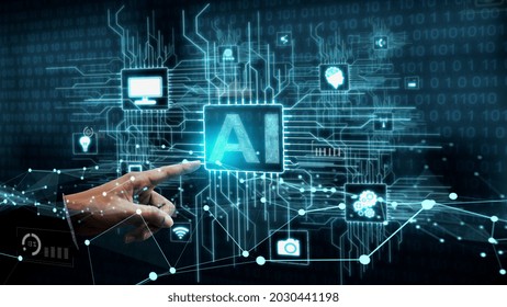 AI Learning and Artificial Intelligence conceptual - Icon Graphic Interface showing computer, machine thinking and AI Artificial Intelligence of Digital Robotic Devices.