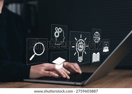 AI Learning and Smart Education Concept. Person using laptop with icons for graduation, global access, digital content, AI tools, online learning, smart education, interactive knowledge discovery