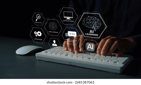 AI learning system involves deep learning, supervised machine learning, and natural language processing. AI learning diagram shows how AI advances learn in automation and data processing. Muxer - Powered by Shutterstock - Get 15% off with code: PIKWIZARD15