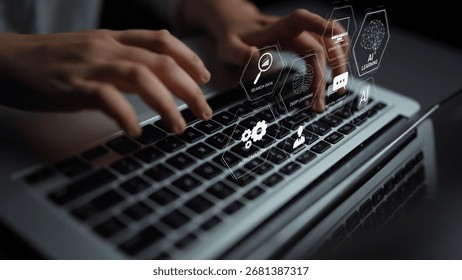 AI learning system involves deep learning, supervised machine learning, and natural language processing. AI learning diagram shows how AI advances learn in automation and data processing. Muxer - Powered by Shutterstock - Get 15% off with code: PIKWIZARD15