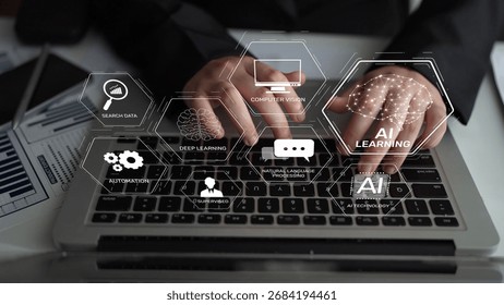 AI learning system involves deep learning, supervised machine learning, and natural language processing. AI learning diagram shows how AI advances learn in automation and data processing. Muxer - Powered by Shutterstock - Get 15% off with code: PIKWIZARD15