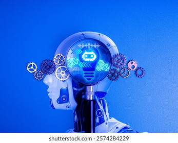 AI learning technology, intelligence digital automate tools service concept. Digital lightbulb, bot icon inside robot head as a brain with magnifying and workflow gears, cogwheels on blue background.
