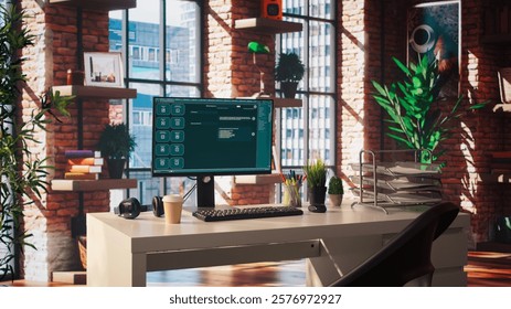 AI LLM chatbot software interface on PC in home office showing virtual assistant answering user prompts. Large language model program on monitor communicating with user through artificial intelligence