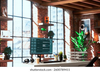 AI LLM chatbot software interface on PC in home office showing virtual assistant answering user prompts. Large language model program on monitor communicating with user through artificial intelligence