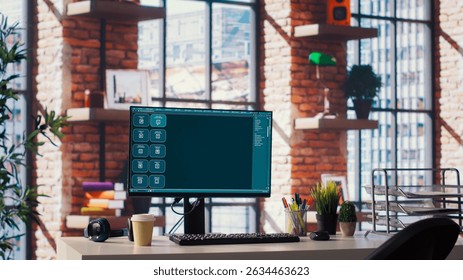 AI LLM chatbot software interface on PC in home office showing virtual assistant answering prompts. Large language model program on PC communicating with user through artificial intelligence, closeup