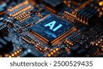 AI logo on a chip, with blue light glowing against a dark.