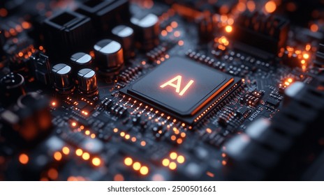 AI logo on a chip, with a dark blue and black background. High resolution. - Powered by Shutterstock - Get 15% off with code: PIKWIZARD15