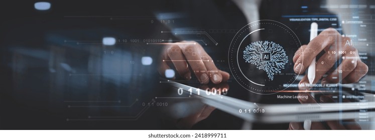 AI Machine Learning, Artificial Intelligence technology concept. Business man using computer with virtual brain circuit board, AI prompt and data engineering, data science and innovative technology