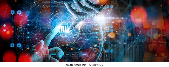 AI, Machine Learning Concept,Hands Robot And Human Touching Global Circuit Big Data Network Connection Background, Science And Artificial Intelligence Technology,innovation Technology Futuristic.