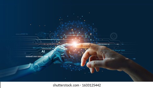AI, Machine learning, Hands of robot and human touching on big data network connection background, Science and artificial intelligence technology, innovation and futuristic. - Shutterstock ID 1633125442