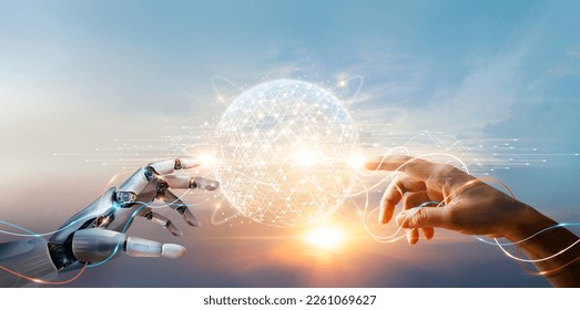 AI, Machine learning, Hands of robot and human touching big data of Global network connection, Internet and digital technology, Science and artificial intelligence digital technologies of futuristic. - Shutterstock ID 2261069627