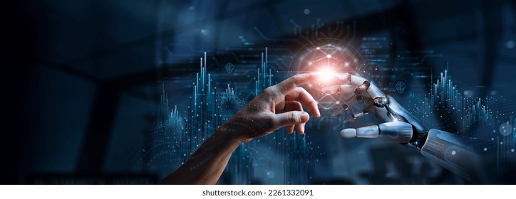 AI, Machine learning, Hands of robot and human touching on big data network connection, Data exchange, deep learning, Science and artificial intelligence technology, innovation of futuristic.